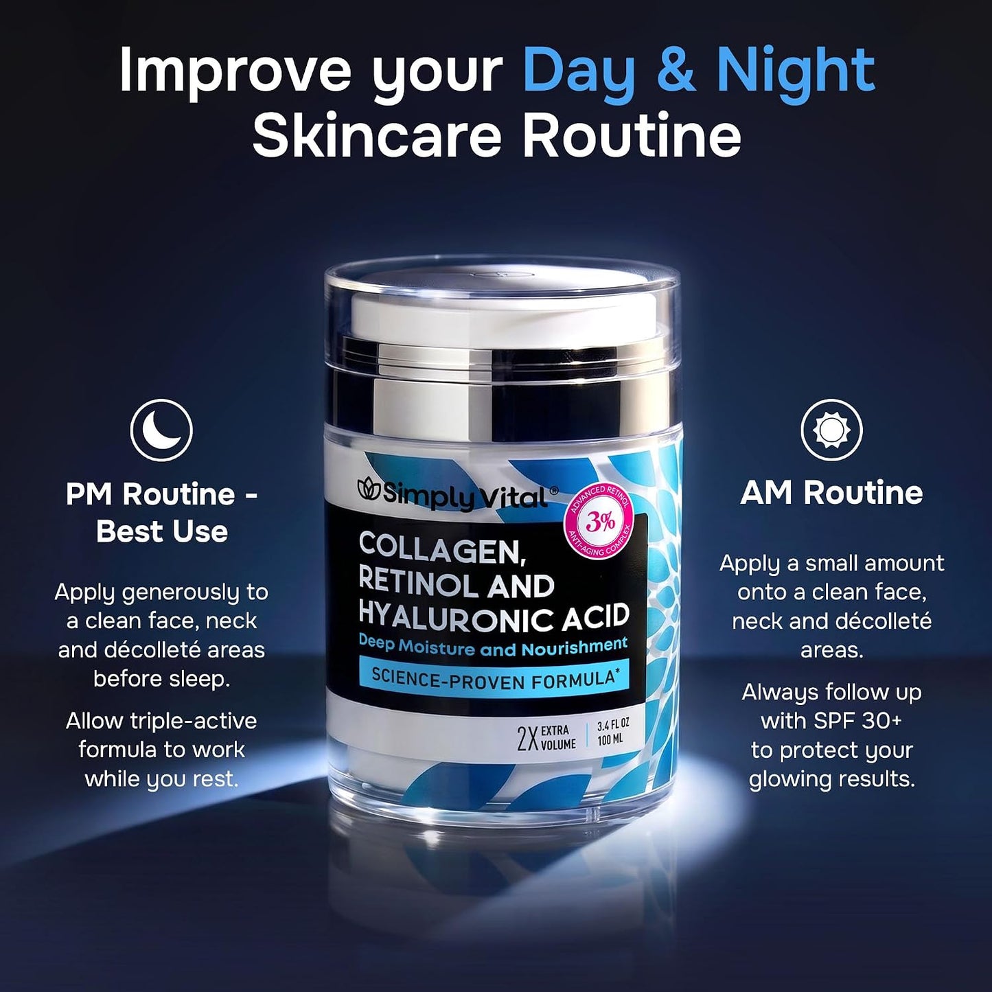 SimplyVital Face Moisturizer Retinol Collagen Hyaluronic Acid Cream 3.4 oz
