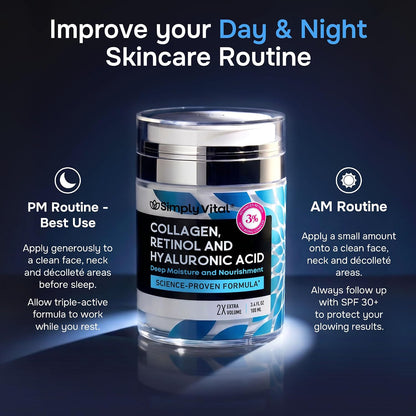 SimplyVital Face Moisturizer Retinol Collagen Hyaluronic Acid Cream 3.4 oz