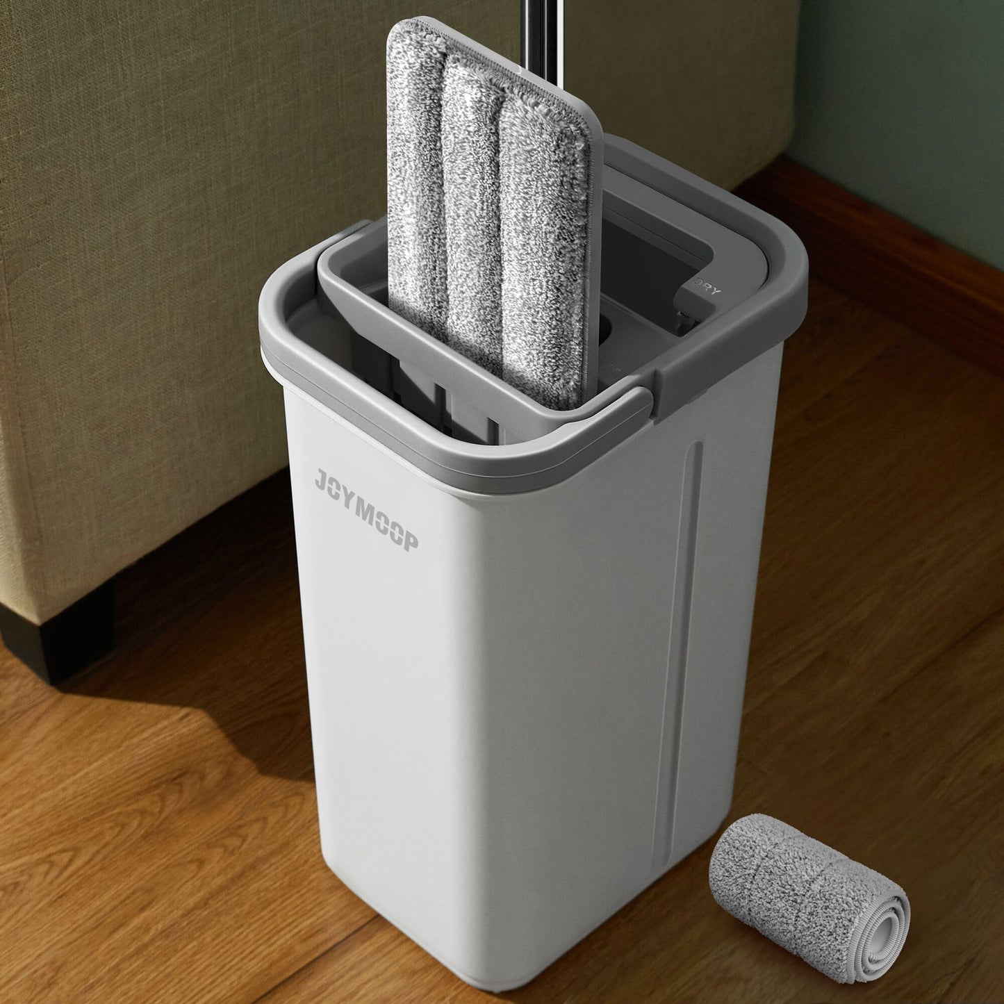 JOYMOOP Wall Mop and Bucket Set, Hands-Free Flat Floor Mop with 3 Washable Microfiber Pads, Wet and Dry Use, Ideal for Home and Commercial Floor Cleaning
