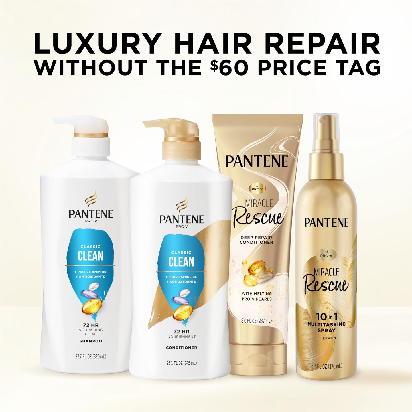 Pantene Shampoo & Conditioner Set, Daily Moisture Renewal - Pro-V Nutrients for Dry, Color-Treated, Straight to Curly Hair, 72-Hour Hydration & Softness, 52.8 Oz Total + Miracle Rescue Shot (0.5 Oz)