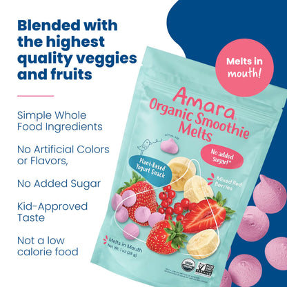 Amara Smoothie Melts - Mango Carrot - Organic Baby Snacks w/ Fruits & Veggies - Plant Based Yogurt Melts - Healthy Toddler Snack - Activity Book Included - Enjoy From 10+ Mos - 6 Resealable Bags