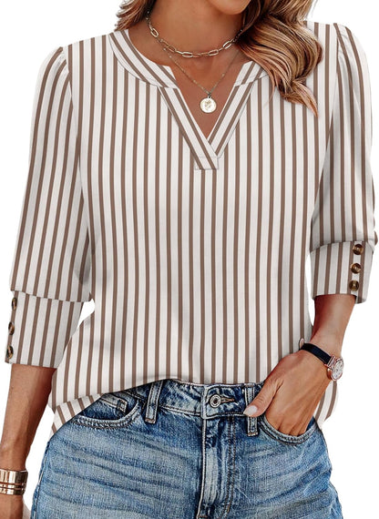 WIHOLL 3/4 Length Sleeve Womens Tops with Button Cuffs Dressy Casual V Neck Summer Outfits Early Fall Fashion Spring Clothes