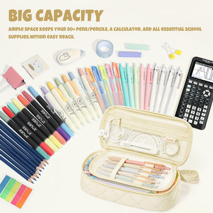 SUNEE Cute Pencil Case, Soft Corduroy Large Capacity Pencil Pouch, Aesthetic Zipper Pencil Bag, Big Storage Pen Organizer for Stationery, Pencil Box Back to School Supplies for Teen Girls Boys, Beige