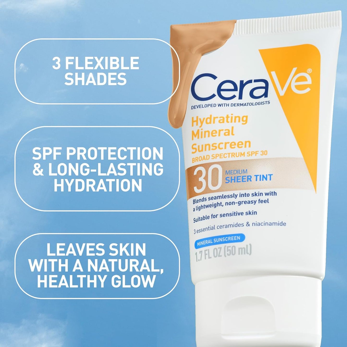 CeraVe Tinted Sunscreen for Face, Mineral SPF 30 Moisturizer, Deep, 1.7oz