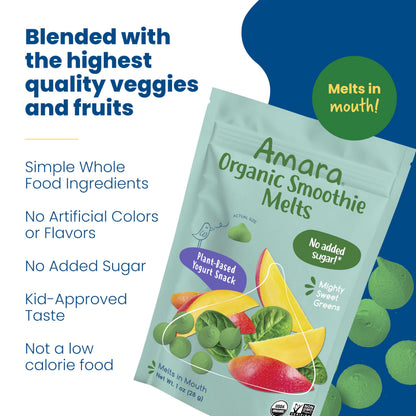 Amara Smoothie Melts - Mango Carrot - Organic Baby Snacks w/ Fruits & Veggies - Plant Based Yogurt Melts - Healthy Toddler Snack - Activity Book Included - Enjoy From 10+ Mos - 6 Resealable Bags