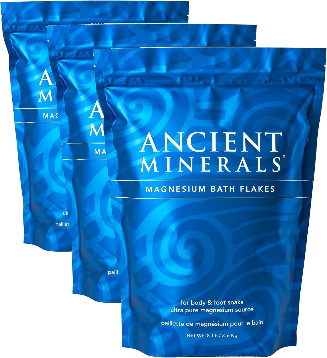 Ancient Minerals Magnesium Bath Flakes – Pure Zechstein Magnesium Chloride for Soaking and Whole-Body Replenishment, 8 lb Bag (Pack of 3)