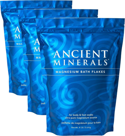 Ancient Minerals Magnesium Bath Flakes – Pure Zechstein Magnesium Chloride for Soaking and Whole-Body Replenishment, 8 lb Bag (Pack of 3)