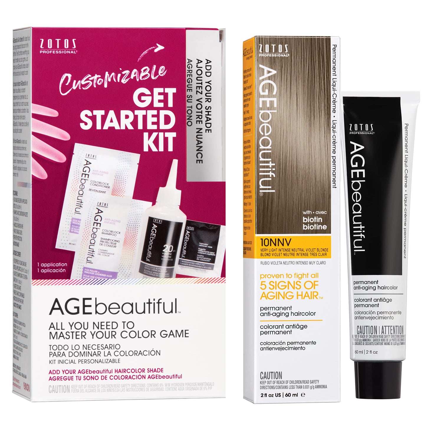 AGE beautiful Permanent Hair Color Cream, 100% Gray Coverage Hair Dye with Biotin Anti-Aging Formula for Fuller, Thicker Hair, Professional Salon Quality