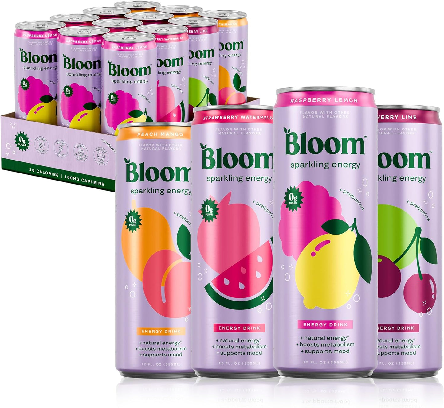 Bloom Nutrition Zero Sugar Energy Drink, Apple Crisp, 12oz 12pk