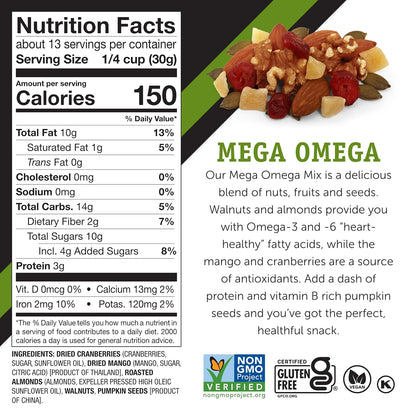 Power Up Trail Mix, Mega Omega Trail Mix, Non-GMO, Vegan, Gluten Free, No Artificial Ingredients, Gourmet Nut, 14 Ounce Bag