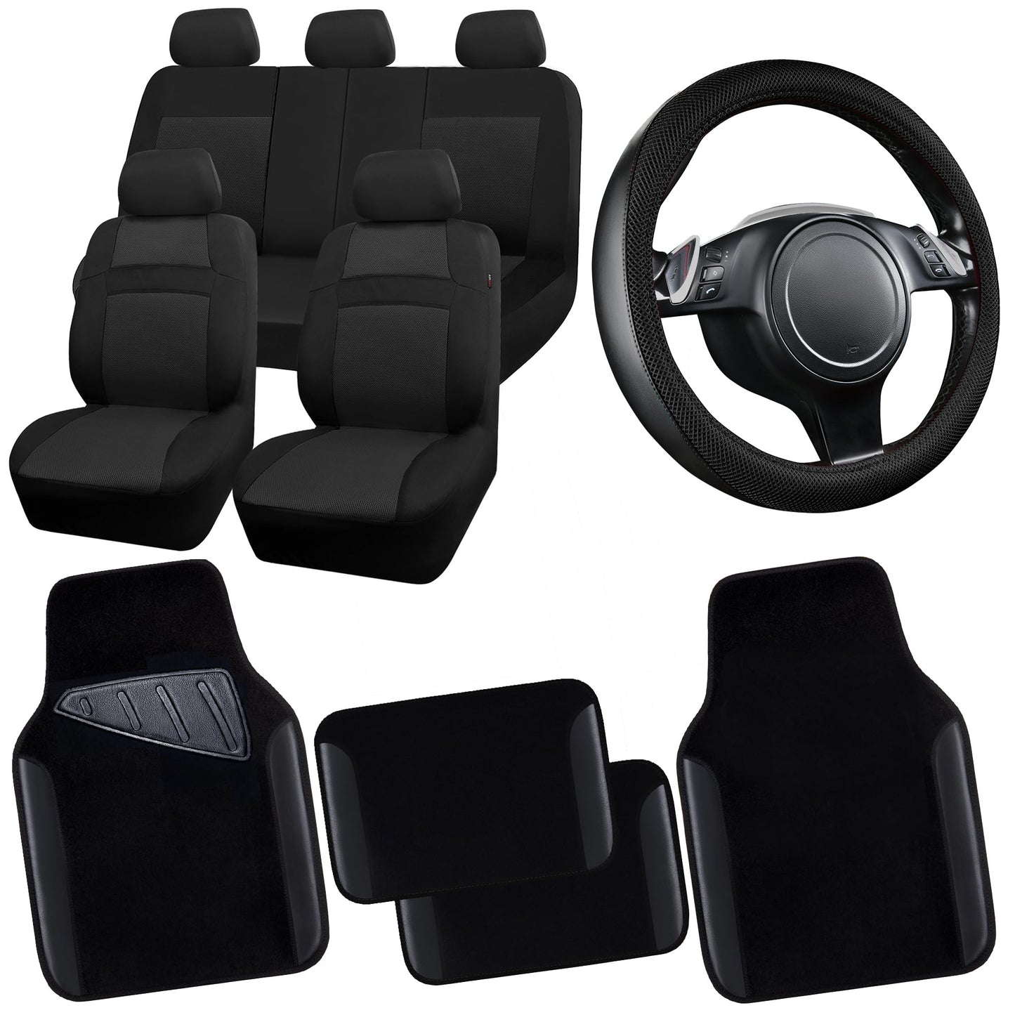 CAR PASS Waterproof Universal Fit Car Floor Mats, Faux Leather Car Carpet Mats, Black Car Mats with Anti-Slip Nibbs Backing & Driver Heel Pad Fit for SUV,Vans,sedans, Trucks,Set of 4pcs(All Black)
