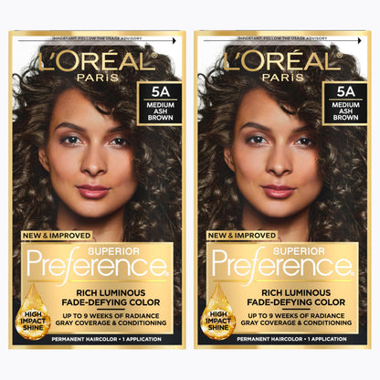 L'Oreal Paris Superior Preference Luminous Fade-Defying Permanent Hair Color, Hair Dye For Up to 9 Weeks of Radiance, Medium Brown 5, 1 Hair Dye Kit