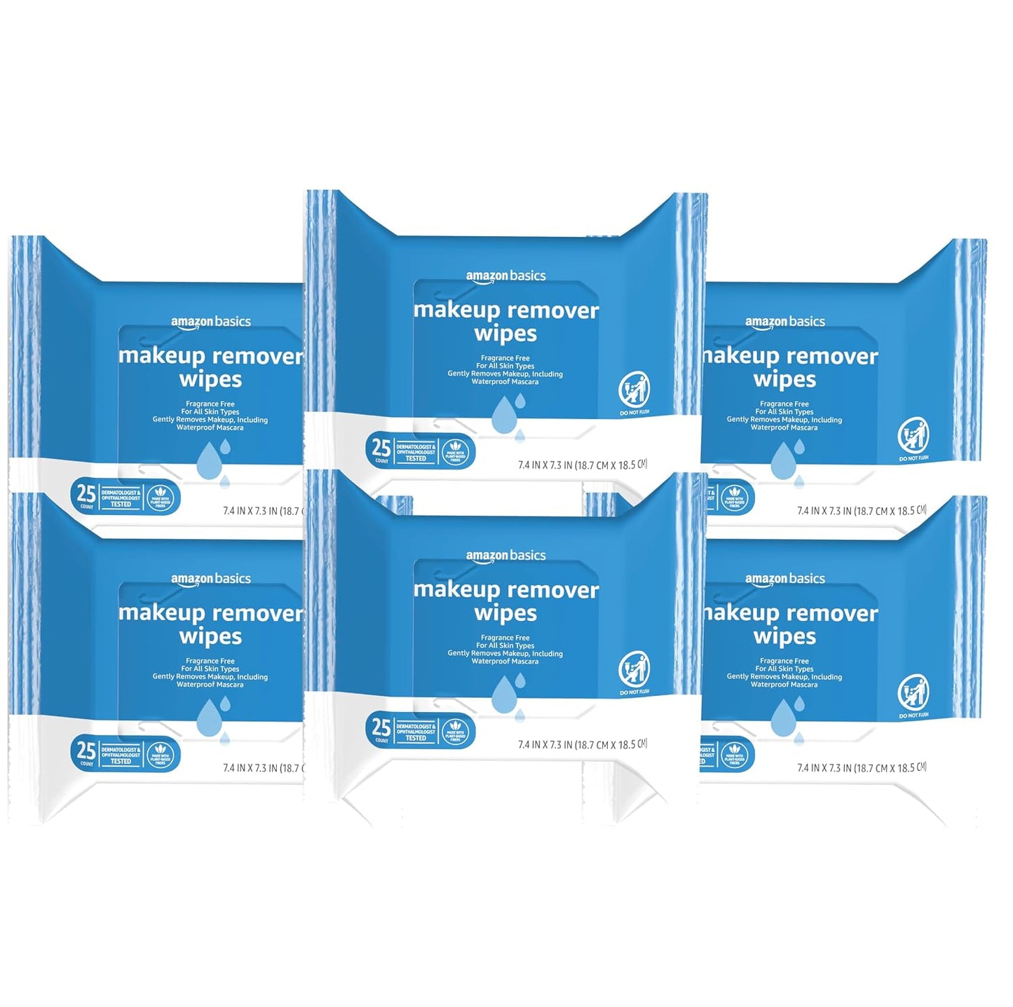 Amazon Basics Makeup Remover Wipes, Fragrance-Free, Alcohol-Free, Gentle Cleansing, Plant-Based, Dermatologist Tested, Removes Waterproof Mascara, Resealable, 25 Count, 1-Pack