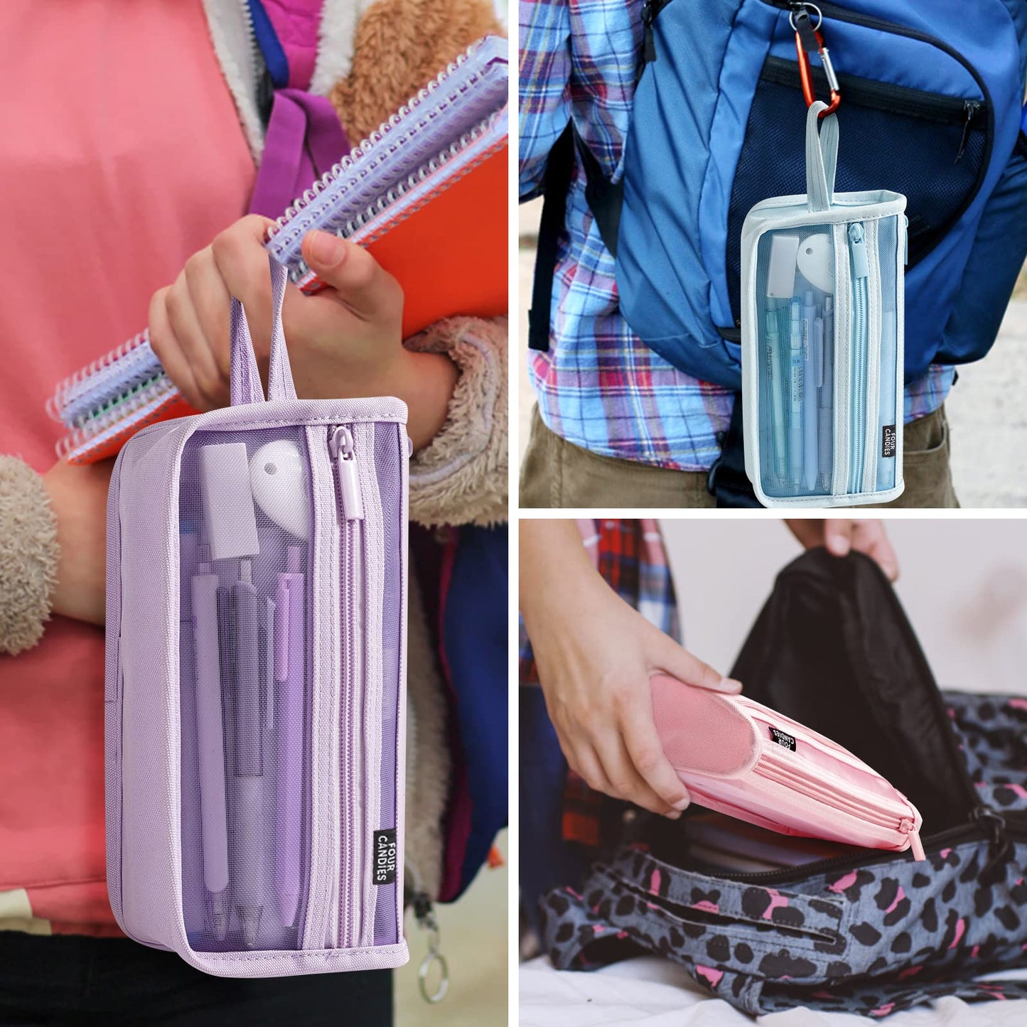Four Candies Grid Mesh Pencil Case, Clear Double-layer with Handle (Purple)