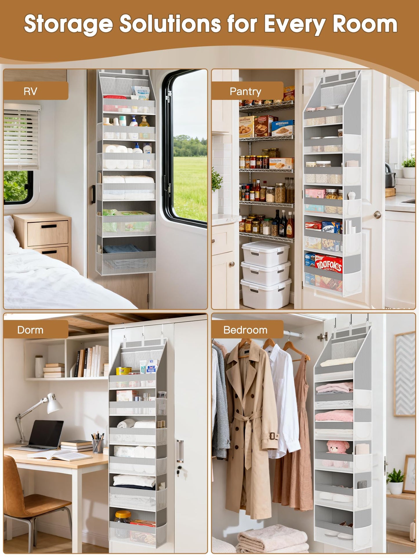 Criusia Over the Door Organizer, Heavy-Duty 6-Shelf Hanging Storage with 13 Mesh Pockets, 55lbs Capacity Behind the Door Storage for Nursery, Bathroom, Bedroom, and Dorm, White