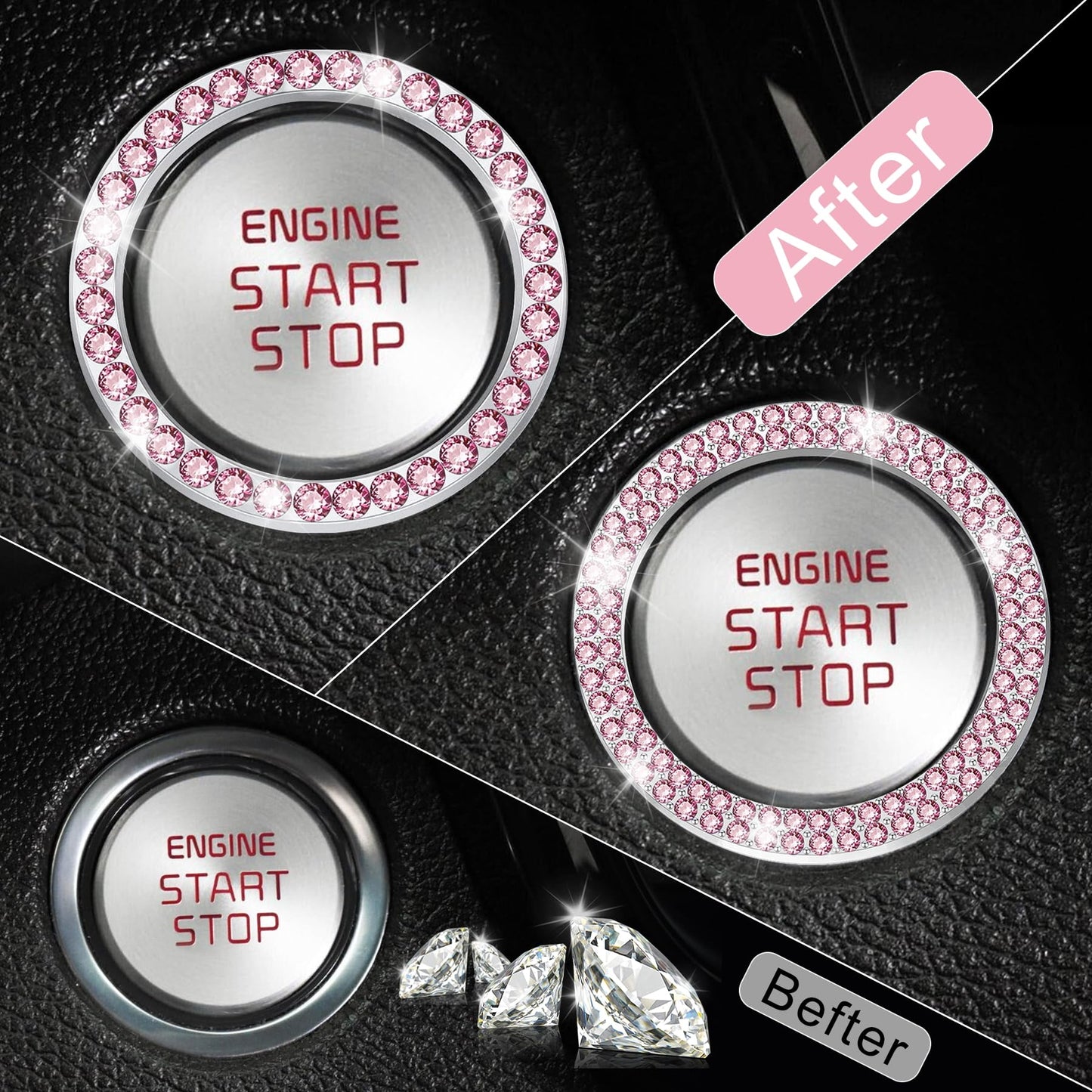 LivTee 2 PCS Crystal Double Rhinestone Car Engine Start Stop Decoration Ring, Bling Car Interior Accessories for Women, Push to Start Button Cover Sticker, Automotive Decals, Light Green