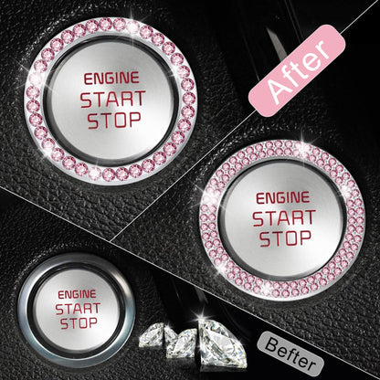LivTee 2 PCS Crystal Double Rhinestone Car Engine Start Stop Decoration Ring, Bling Car Interior Accessories for Women, Push to Start Button Cover Sticker, Automotive Decals, Light Green