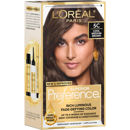 L'Oreal Paris Superior Preference Luminous Fade-Defying Permanent Hair Color, Hair Dye For Up to 9 Weeks of Radiance, Medium Brown 5, 1 Hair Dye Kit