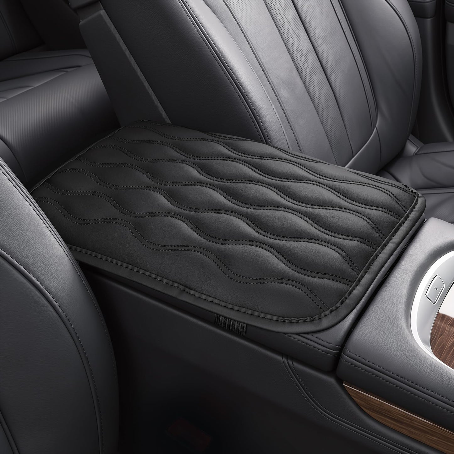 Amiss Car Center Console Cover, Upgraded Leather Car Armrest Cushion with 2 Storage Pockets, Universal Waterproof Cushion Pad, Non-Slip Car Interior Accessories, Fits Most Sedans SUVs Trucks (Black)
