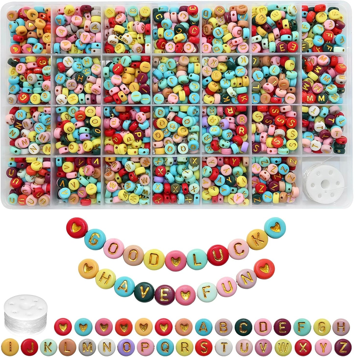 Looconi 810pcs Gold Letter Beads Square 6x6mm White Cube Acrylic Alphabet A-Z with Heart Pattern and Crystal Line for Jewelry Making