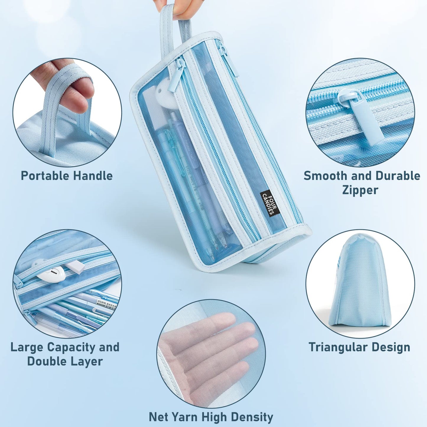 Four Candies Grid Mesh Pencil Case, Clear Double-layer with Handle (Purple)