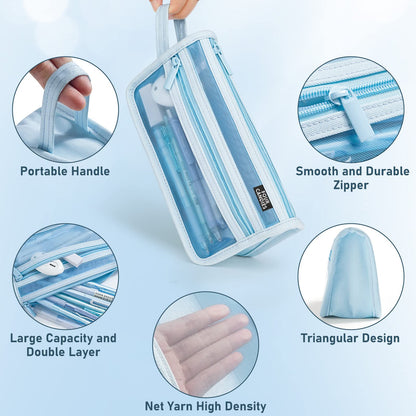 Four Candies Grid Mesh Pencil Case, Clear Double-layer with Handle (Purple)