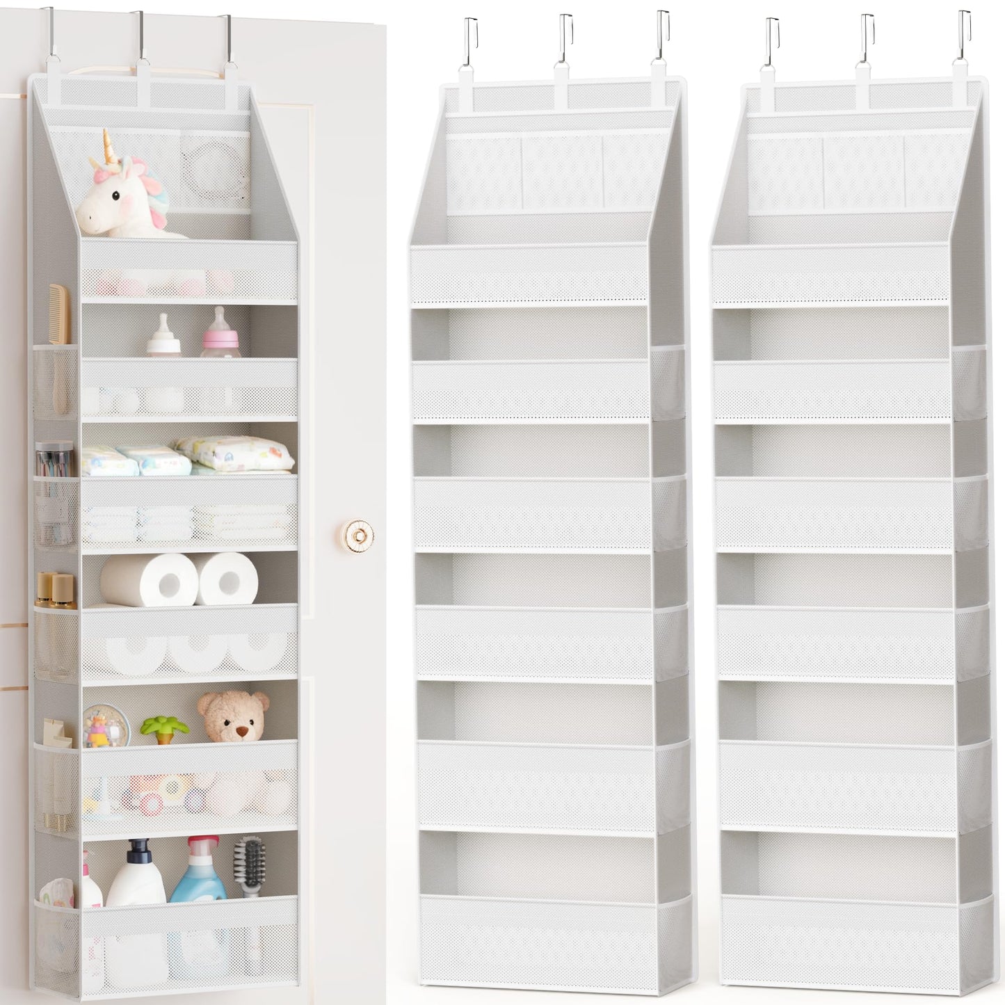 Criusia Over the Door Organizer, Heavy-Duty 6-Shelf Hanging Storage with 13 Mesh Pockets, 55lbs Capacity Behind the Door Storage for Nursery, Bathroom, Bedroom, and Dorm, White