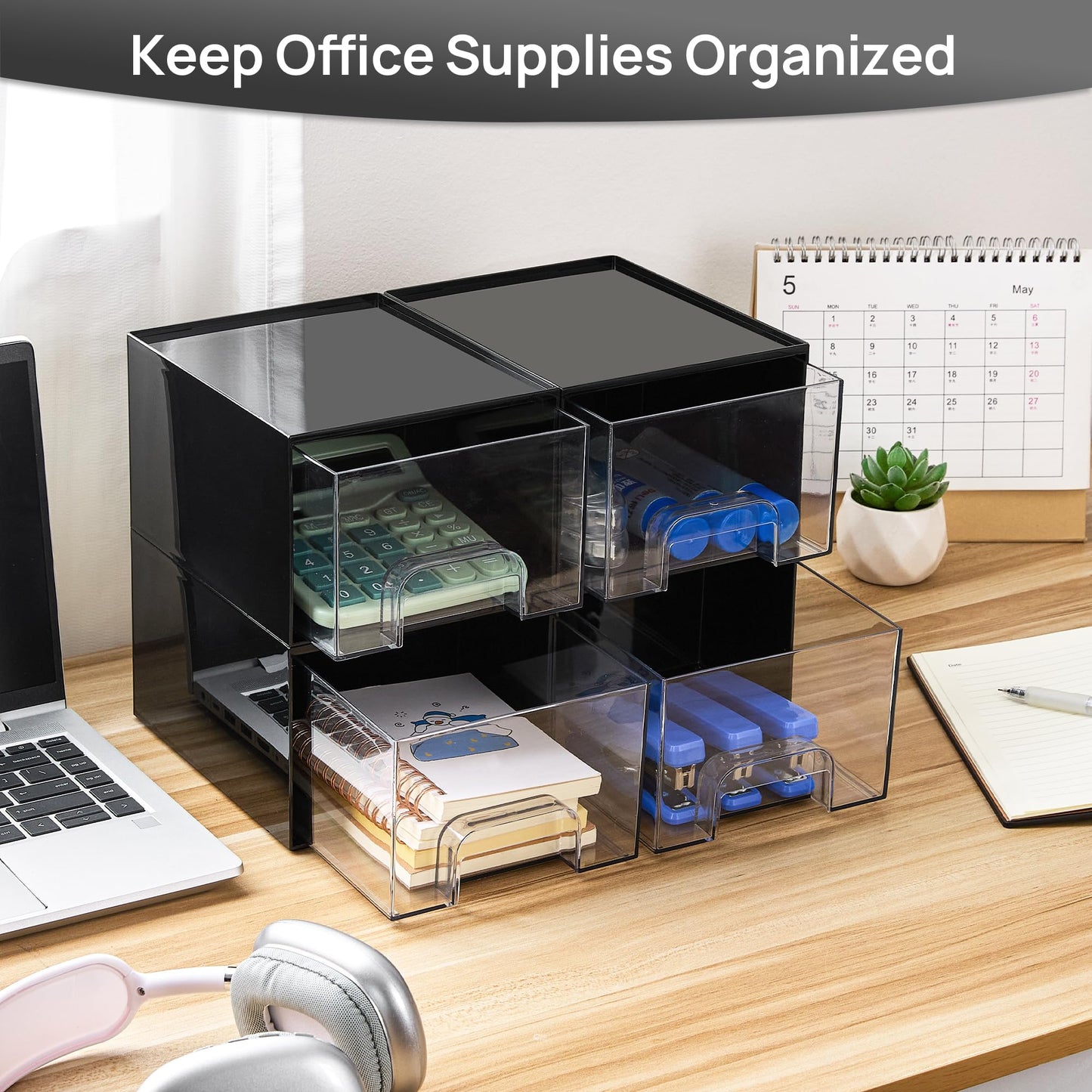 Vtopmart 2 Pack Small Clear Stackable Storage Drawers for Desk, Countertop