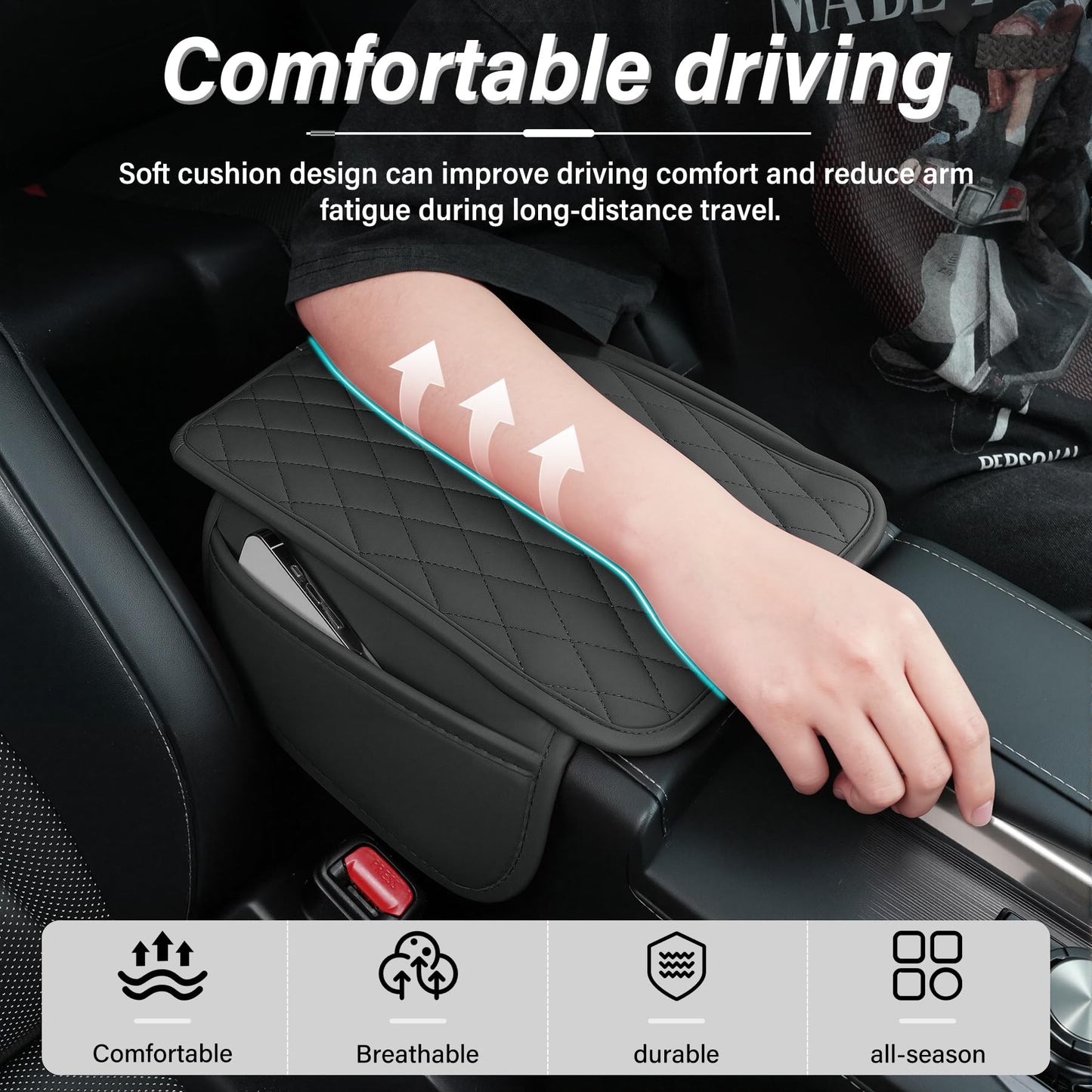 Amiss Car Center Console Cover, Upgraded Leather Car Armrest Cushion with 2 Storage Pockets, Universal Waterproof Cushion Pad, Non-Slip Car Interior Accessories, Fits Most Sedans SUVs Trucks (Black)