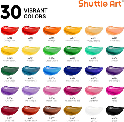 Shuttle Art Acrylic Paint Set, 30 x12ml Tubes Artist Quality Non Toxic Rich Pigments Colors Great for Kids Adults Professional Painting on Rocks Canvas Wood Clay Fabric Ceramic Crafts