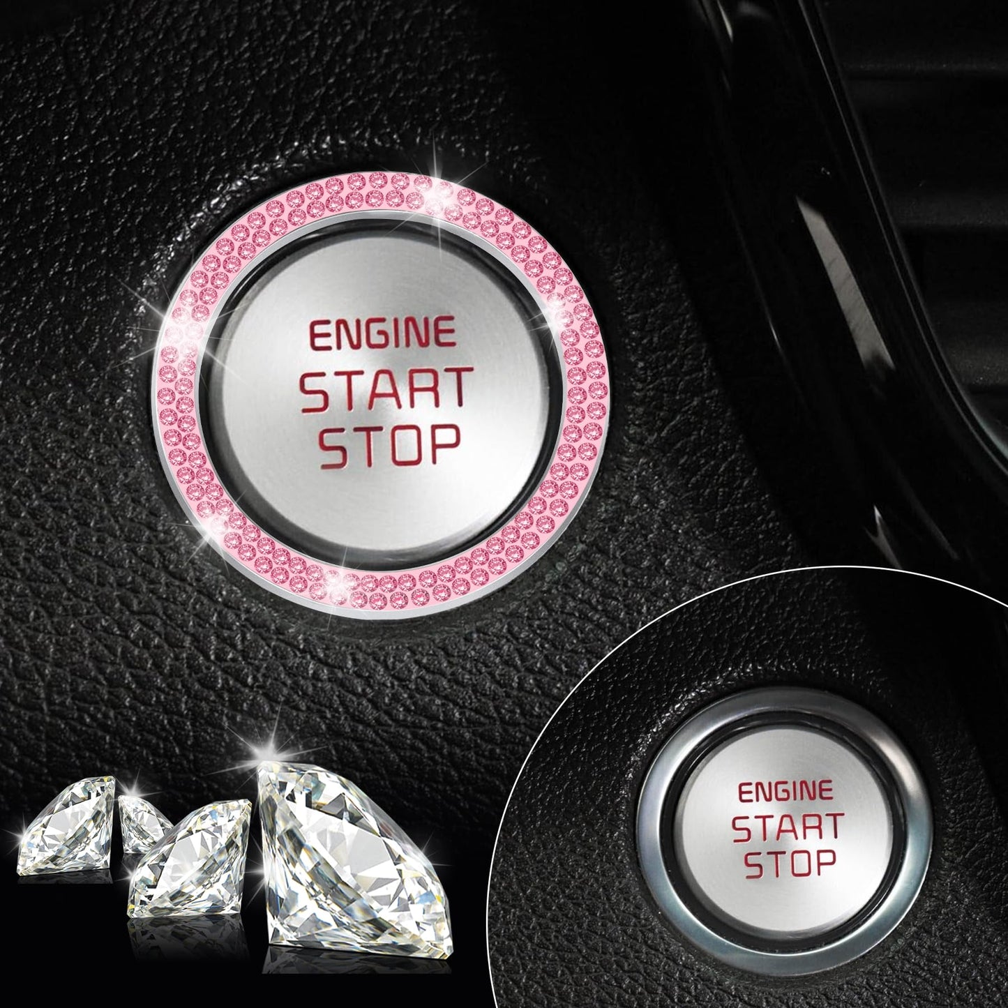LivTee 2 PCS Crystal Double Rhinestone Car Engine Start Stop Decoration Ring, Bling Car Interior Accessories for Women, Push to Start Button Cover Sticker, Automotive Decals, Light Green