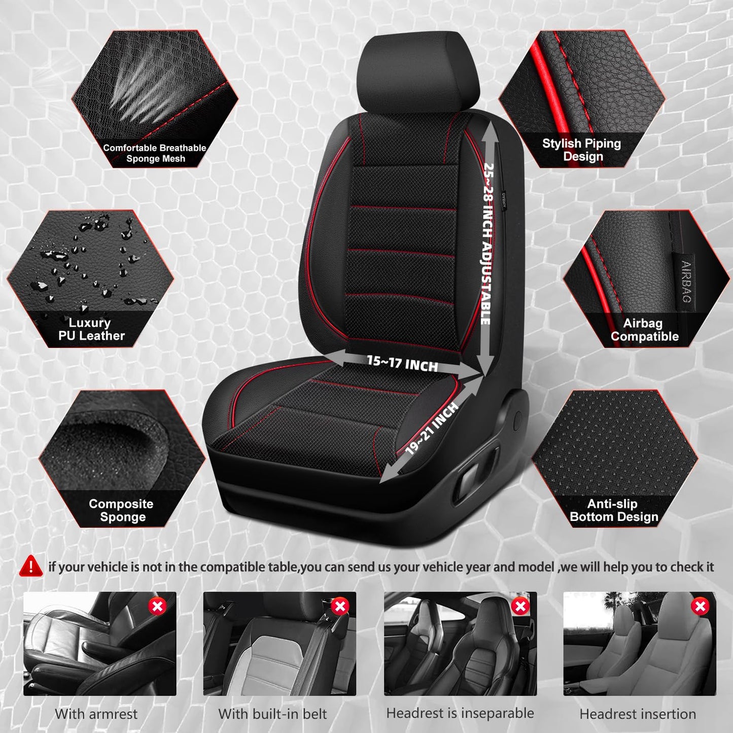 CAR PASS Universal FIT Piping Leather Car Seat Cover, for suvs,Van,Trucks,Airbag Compatible,Inside Zipper Design and Reserved Opening Holes (Full Set, Black and Red)