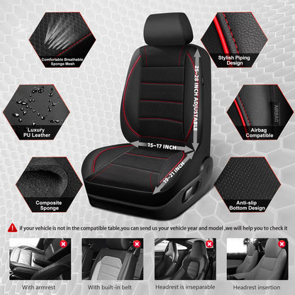 CAR PASS Universal FIT Piping Leather Car Seat Cover, for suvs,Van,Trucks,Airbag Compatible,Inside Zipper Design and Reserved Opening Holes (Full Set, Black and Red)
