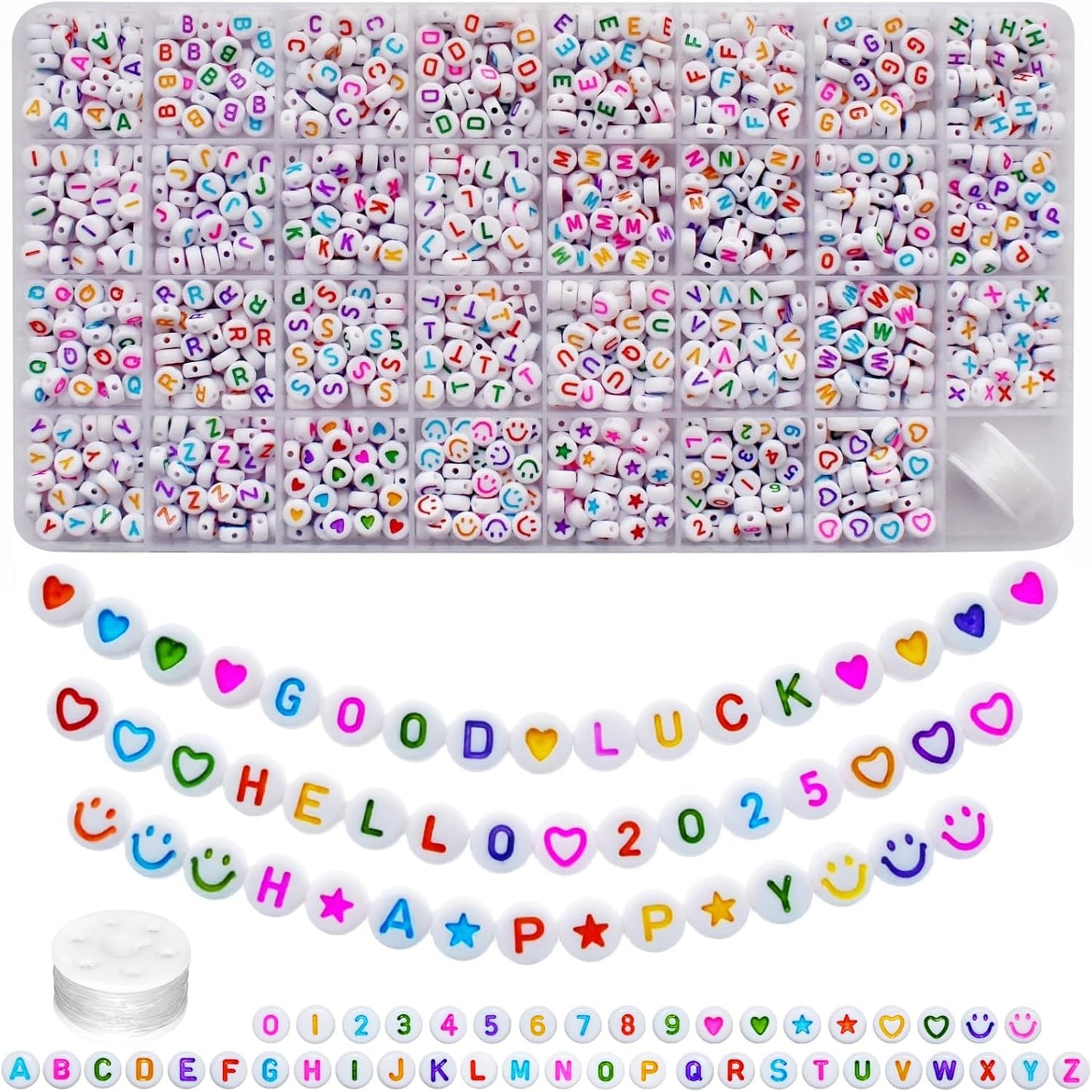 Looconi 810pcs Gold Letter Beads Square 6x6mm White Cube Acrylic Alphabet A-Z with Heart Pattern and Crystal Line for Jewelry Making
