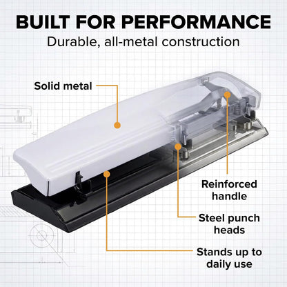 Bostitch Office Premium 3 Hole Punch, 12 Sheet Capacity, Metal, Rubber Base, Easy-Clean Tray, Silver