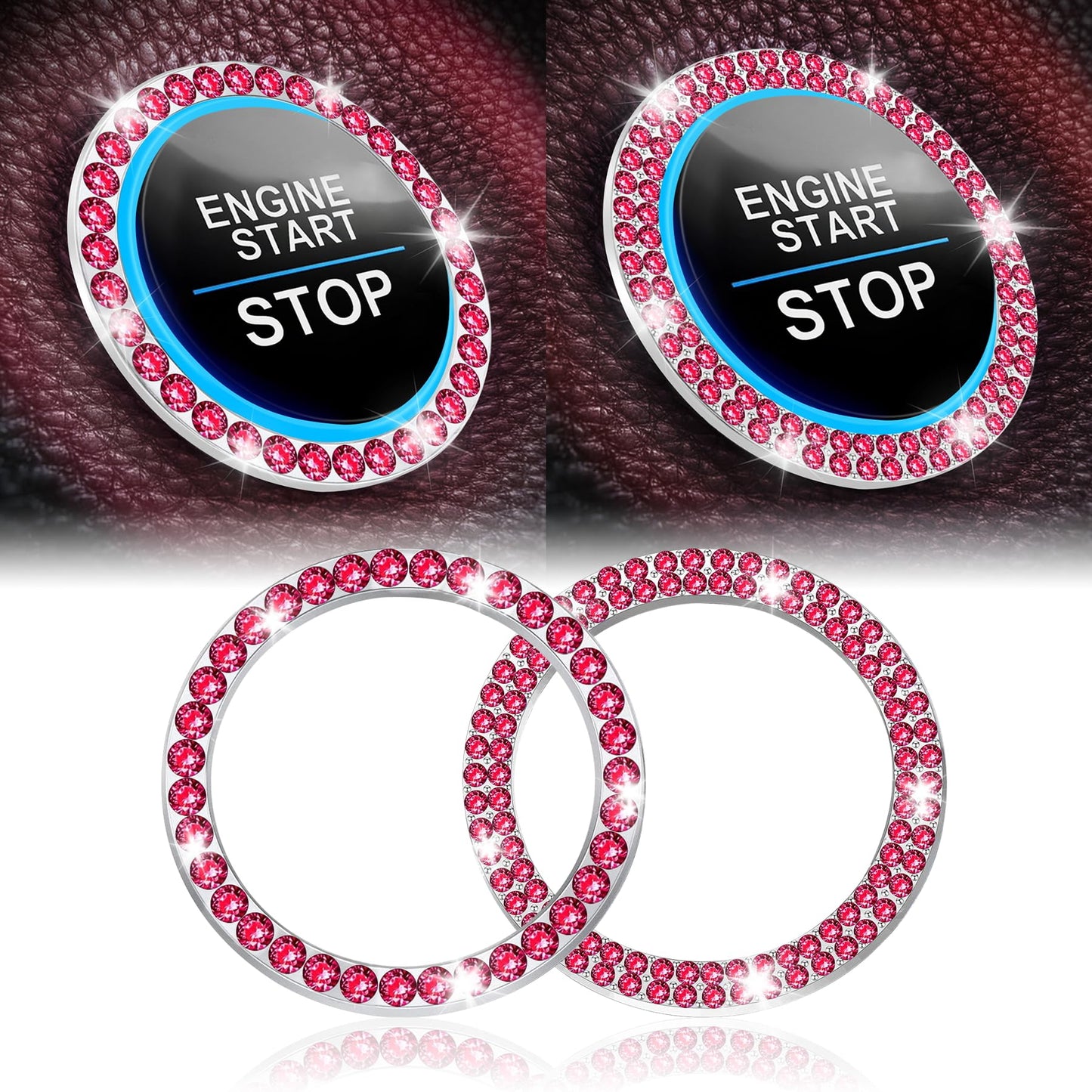 LivTee 2 PCS Crystal Double Rhinestone Car Engine Start Stop Decoration Ring, Bling Car Interior Accessories for Women, Push to Start Button Cover Sticker, Automotive Decals, Light Green