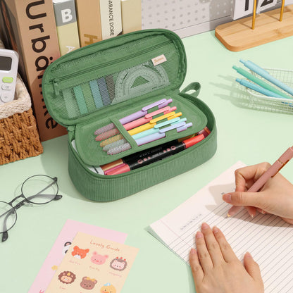 SUNEE Cute Pencil Case, Soft Corduroy Large Capacity Pencil Pouch, Aesthetic Zipper Pencil Bag, Big Storage Pen Organizer for Stationery, Pencil Box Back to School Supplies for Teen Girls Boys, Beige