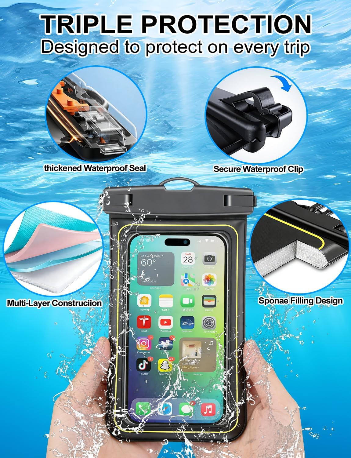 Waterproof Phone Pouch,2 Pack Black White Phone Waterproof Case,Cell Phone Dry Bag,Protection Level: IP68,Beach Cruise for Apple iPhone,Samsung,and More,Lanyard Included,(Fits Up to 8.3”),Black,White