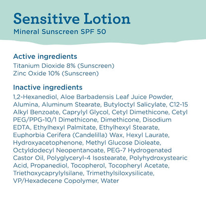 Blue Lizard Sensitive Mineral SPF 50 Sunscreen Lotion, 100% Mineral Sunscreen, UVA/UVB Protection, Infused with organic Aloe Vera, Soothes and Hydrates, 5 fl oz