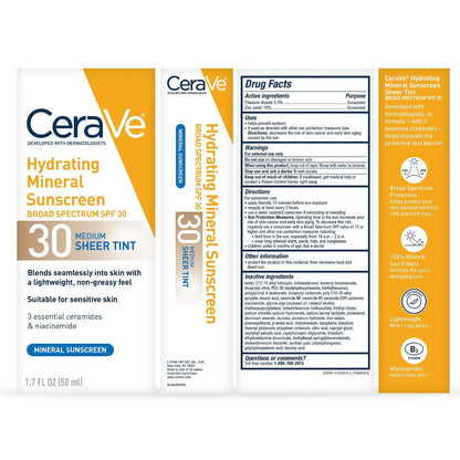 CeraVe Tinted Sunscreen for Face, Mineral SPF 30 Moisturizer, Deep, 1.7oz