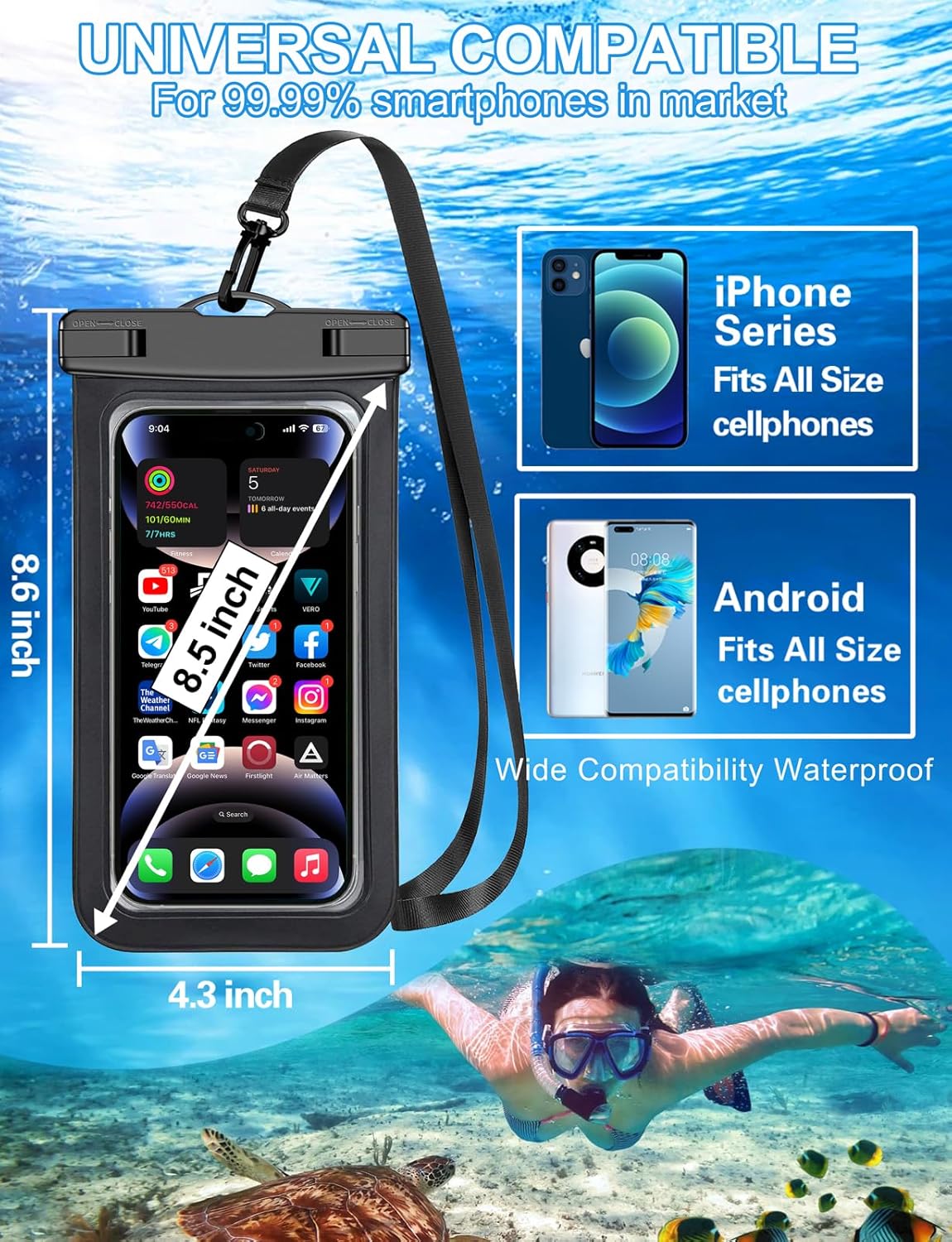 Waterproof Phone Pouch,2 Pack Black White Phone Waterproof Case,Cell Phone Dry Bag,Protection Level: IP68,Beach Cruise for Apple iPhone,Samsung,and More,Lanyard Included,(Fits Up to 8.3”),Black,White
