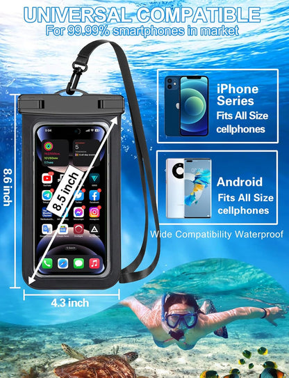 Waterproof Phone Pouch,2 Pack Black White Phone Waterproof Case,Cell Phone Dry Bag,Protection Level: IP68,Beach Cruise for Apple iPhone,Samsung,and More,Lanyard Included,(Fits Up to 8.3”),Black,White