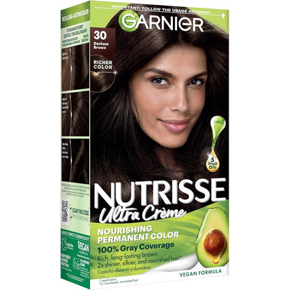 Garnier Nutrisse Ultra Crème Hair Color, Permanent Hair Dye with 100% Gray Coverage, Vegan & Cruelty-Free, 33 Darkest Golden Brown (Caramel Fudge), 1 Count