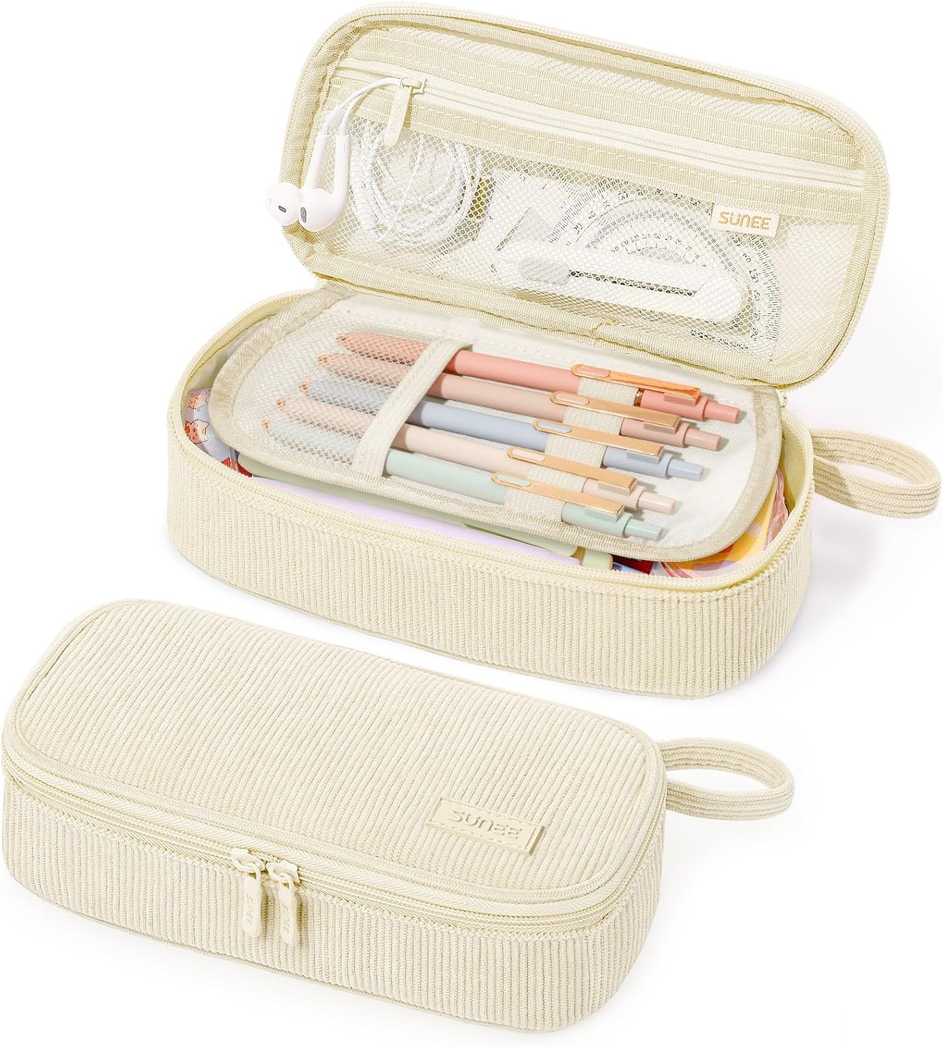 SUNEE Cute Pencil Case, Soft Corduroy Large Capacity Pencil Pouch, Aesthetic Zipper Pencil Bag, Big Storage Pen Organizer for Stationery, Pencil Box Back to School Supplies for Teen Girls Boys, Beige