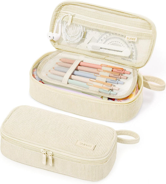 SUNEE Cute Pencil Case, Soft Corduroy Large Capacity Pencil Pouch, Aesthetic Zipper Pencil Bag, Big Storage Pen Organizer for Stationery, Pencil Box Back to School Supplies for Teen Girls Boys, Beige