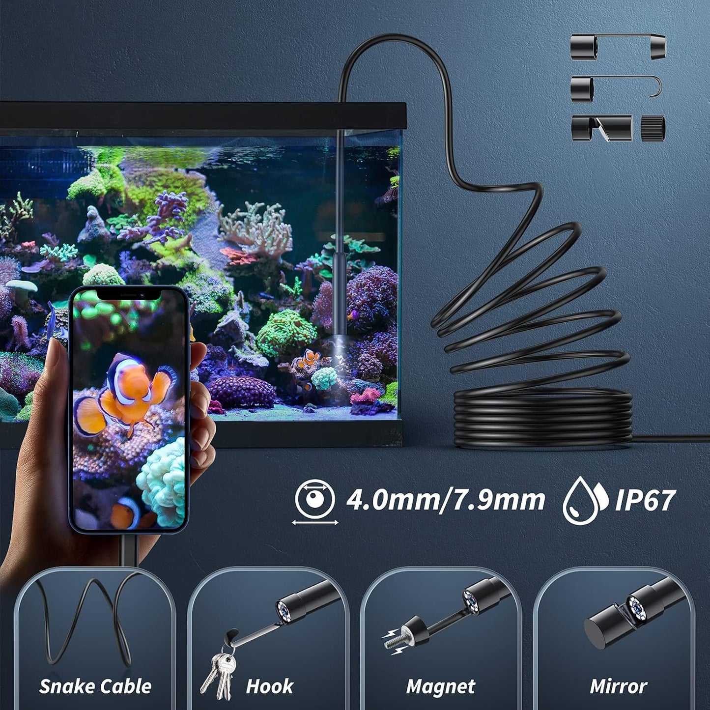 Kinpthy Endoscope Camera with Light,1920P HD Borescope Tools with 8 Adjustable LED Lights, Endoscope with Semi-Rigid Snake Camera, Inspection Borescope for iOS and Android-16.4ft Single Lens