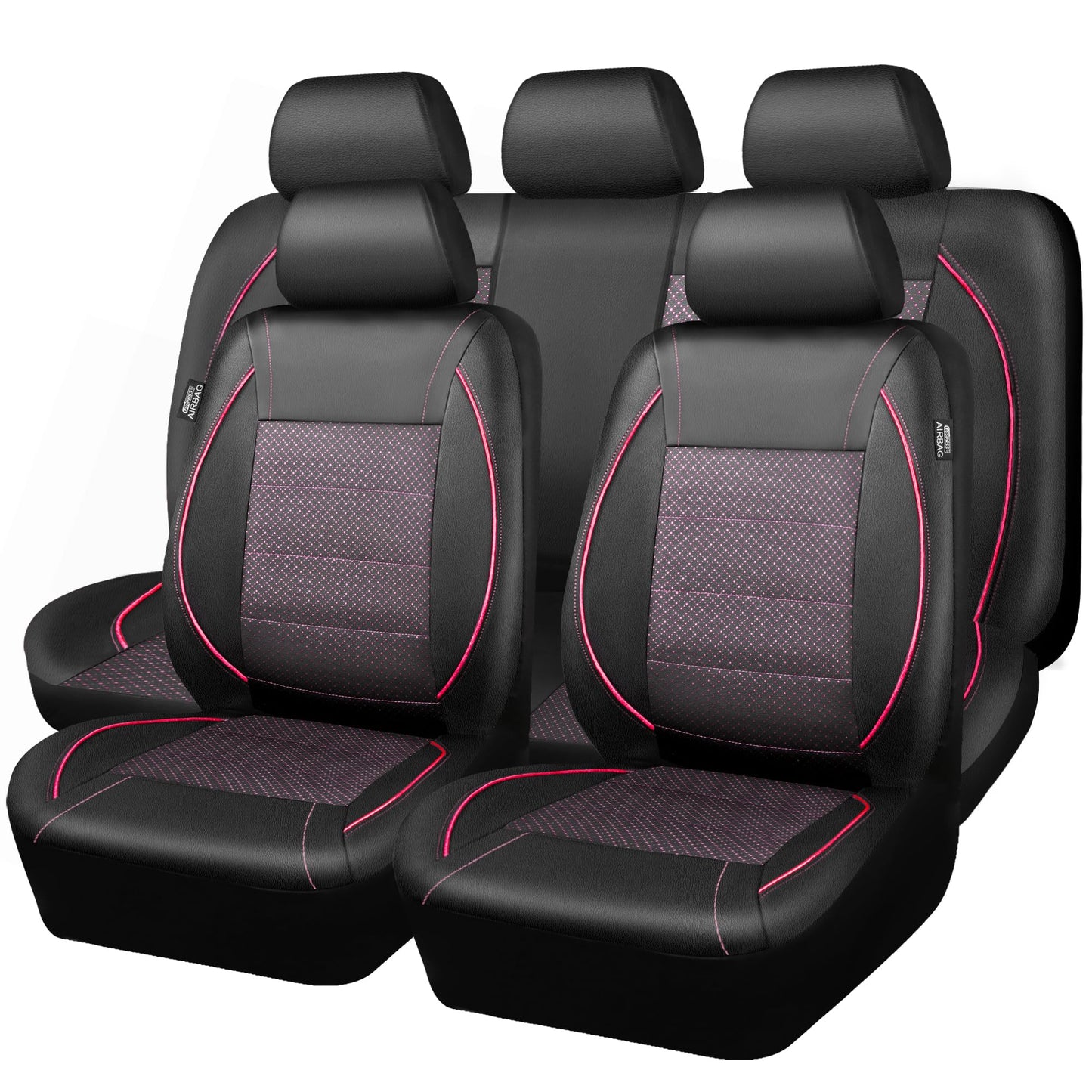 CAR PASS Universal FIT Piping Leather Car Seat Cover, for suvs,Van,Trucks,Airbag Compatible,Inside Zipper Design and Reserved Opening Holes (Full Set, Black and Red)