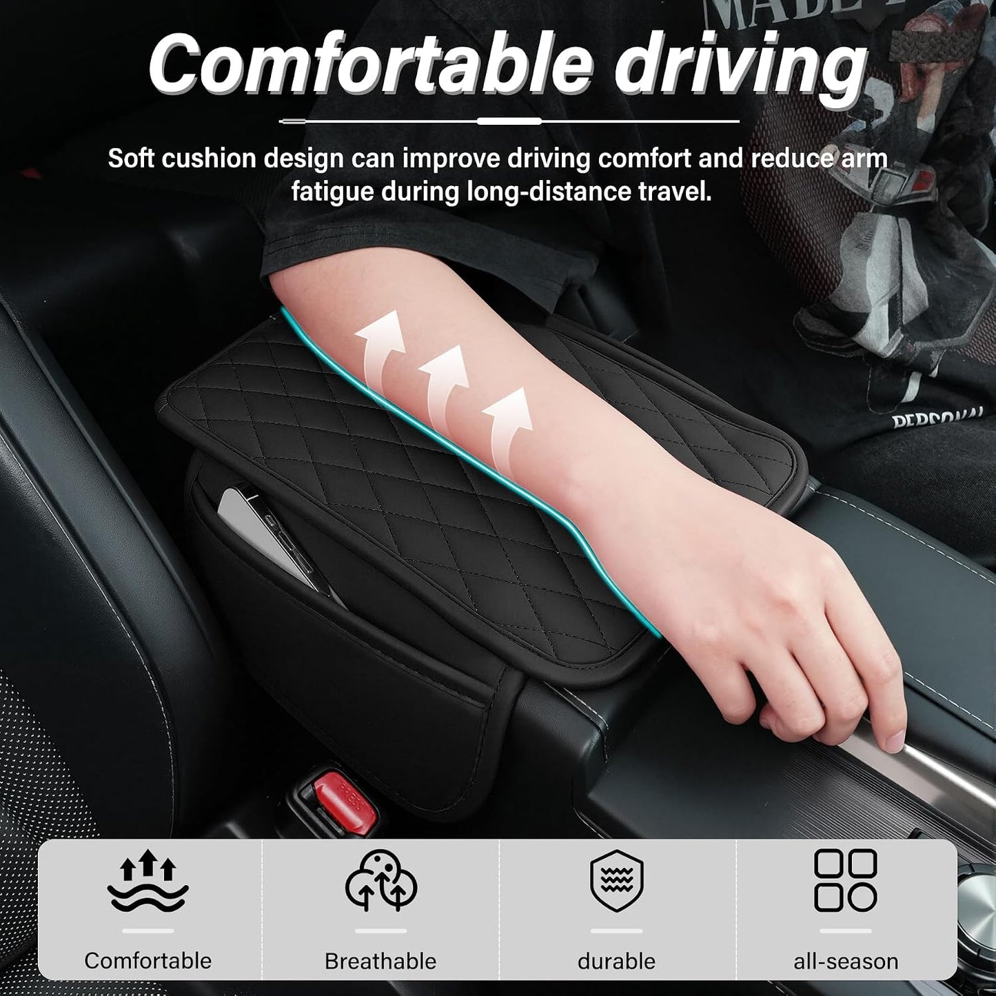 Amiss Car Center Console Cover, Upgraded Leather Car Armrest Cushion with 2 Storage Pockets, Universal Waterproof Cushion Pad, Non-Slip Car Interior Accessories, Fits Most Sedans SUVs Trucks (Black)