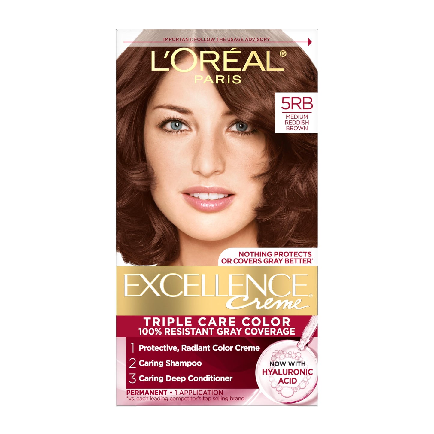 L'Oreal Paris Excellence Crème Permanent Hair Dye, Triple Care Hair Color with Hyaluronic Acid for 100% Gray Coverage, 4 Dark Brown, 1 Kit (Packaging May Vary)