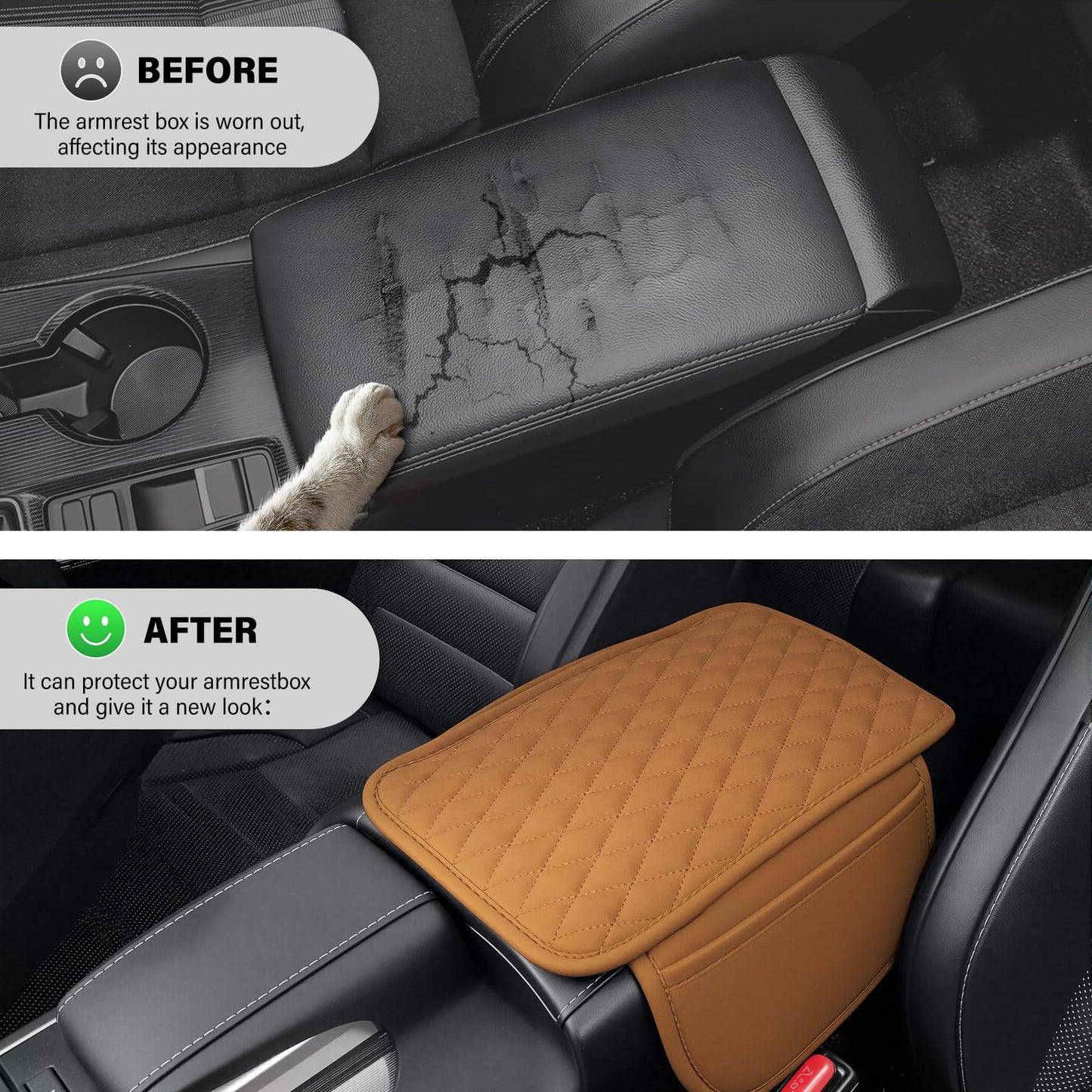 Amiss Car Center Console Cover, Upgraded Leather Car Armrest Cushion with 2 Storage Pockets, Universal Waterproof Cushion Pad, Non-Slip Car Interior Accessories, Fits Most Sedans SUVs Trucks (Black)